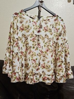 Absolute Angel Cream Floral Ruffle-Hem Peasant Blouse